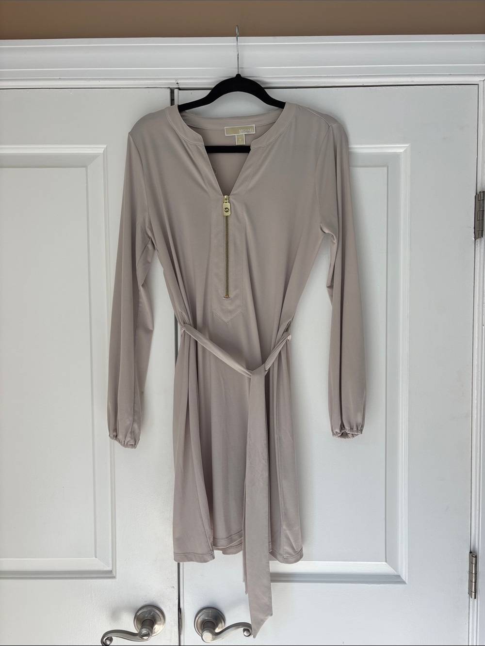 Michael Kors Long-Sleeve V-Neck Belted Dress in Light Taupe